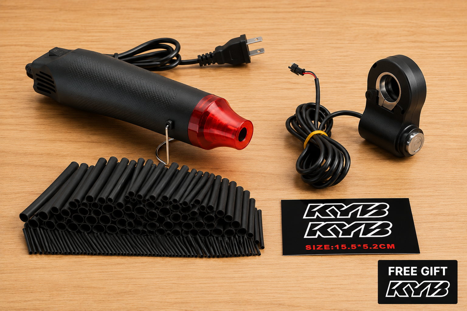 Zorix Kill Switch Pro kit for the Zorix R8 ebike, includes throttle kill switch, wiring harness, and heat shrink tubing.